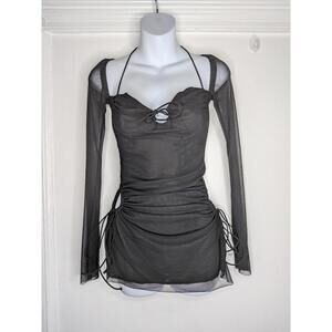 FENITY Dress Womens Small Black Mesh Ruched Cutout Bodycon Long Sleeve Mini